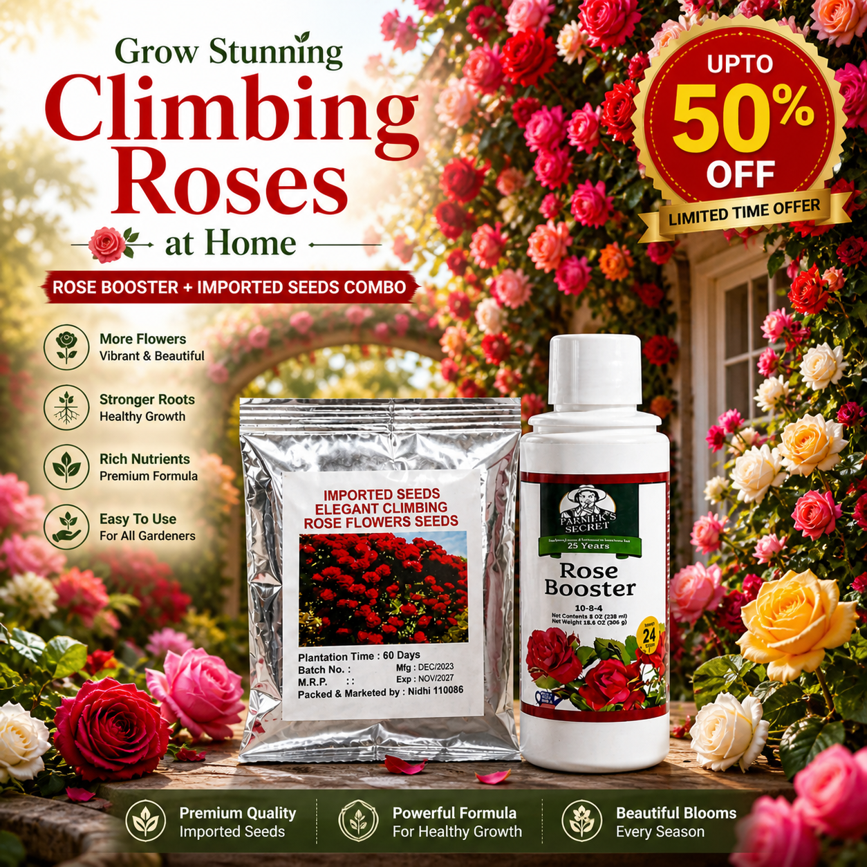 🌿Rose Booster Liquid Plant Food + 🌹Climbing Rose Seeds Combo