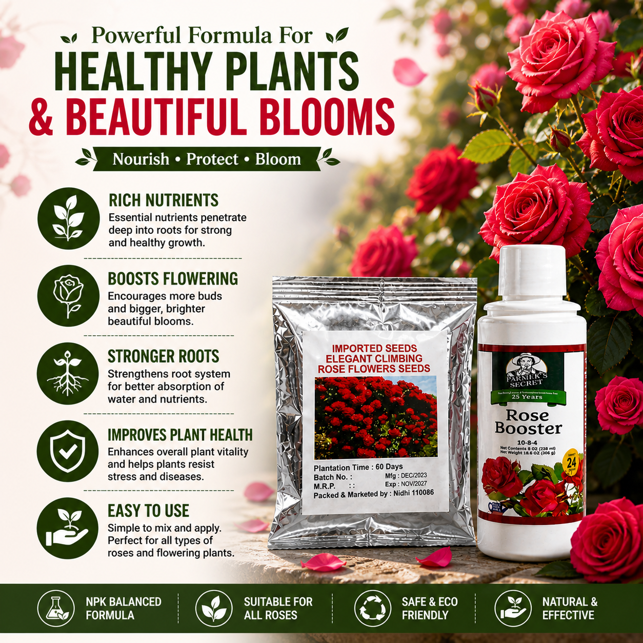 🌿Rose Booster Liquid Plant Food + 🌹Climbing Rose Seeds Combo