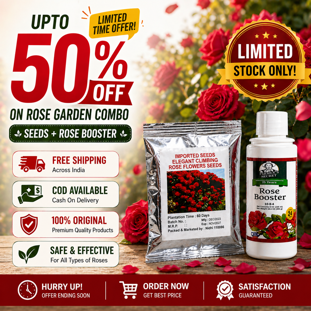 🌿Rose Booster Liquid Plant Food + 🌹Climbing Rose Seeds Combo